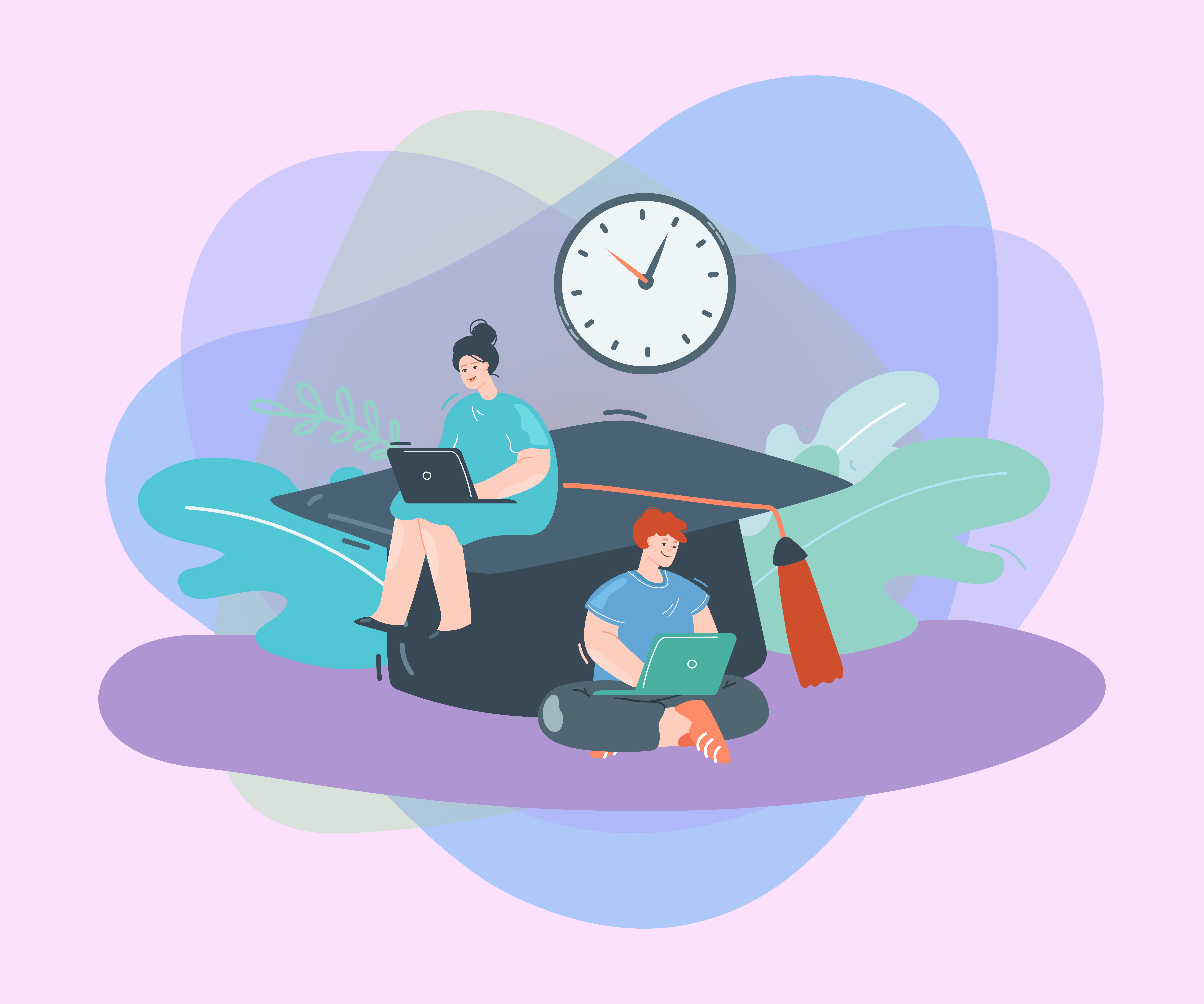 Illustration of students studying on a giant graduation cap